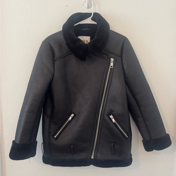 Zara Black Double Faced Biker Jacket Faux Leather Oversized Size XS *NO BELT* - Picture 1 of 11